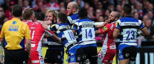 There was a mass brawl between Gloucester and Bath in the final minutes of Saturday's game