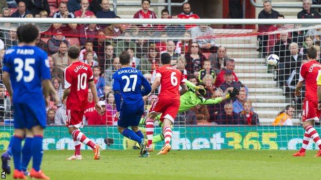 Cardiff City defender Juan Cala scores his crucial goal at Southampton
