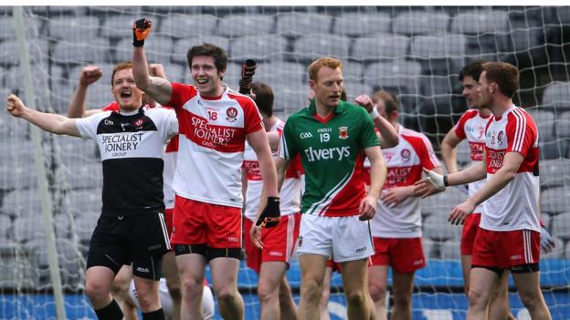 Karl McKaigue leads the Derry celebrations after the final whistle at Croke Park