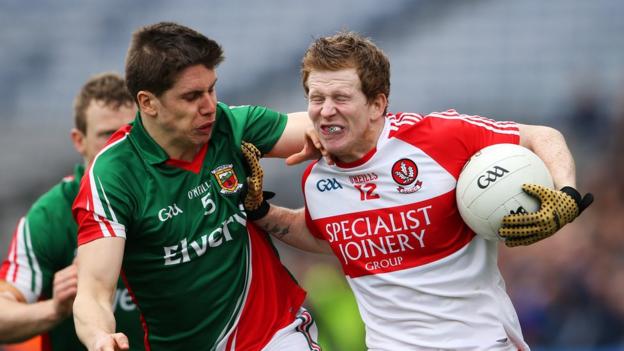Mayo's Lee Keegan is shrugged off by Enda Lynn during Derry's dramatic victory over the Connacht champions