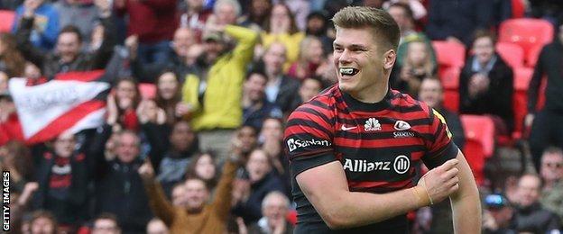 Owen Farrell celebrates while playing for Saracens