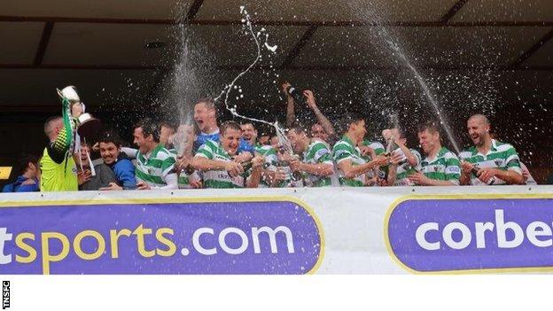 TNS players celebrate their eighth Welsh Premier title