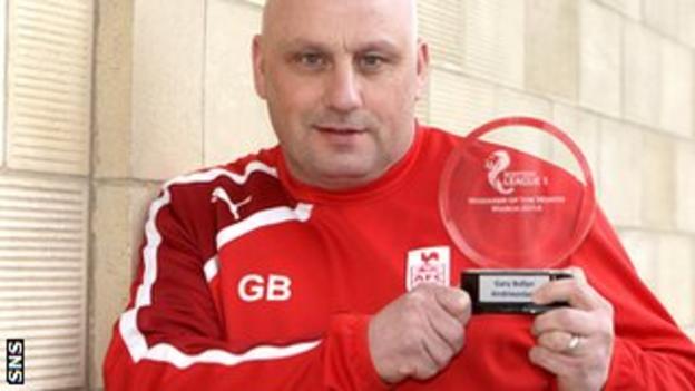 Airdrieonians manager Gary Bollan was also named March's League One manager of the month