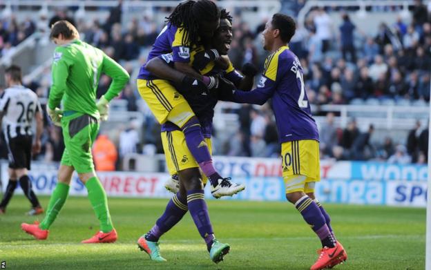 And Wilfried Bony was celebrating in the end with Marvin Emnes for company after the former sent in their winner from the penalty spot in Swansea's 2-1 triumph