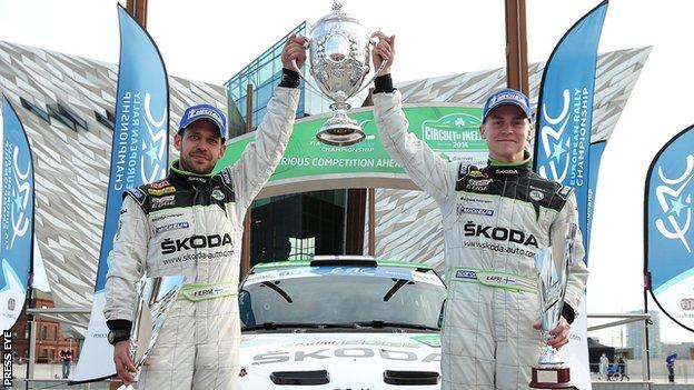 Esapekka Lappi and co-driver Janne Ferm after their victory in the 2014 Circuit of Ireland Rally.