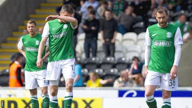 The Hibs players show their dejection during the defeat by St Mirren