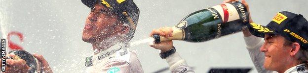 Lewis Hamilton and Nico Rosberg celebrate at the Chinese Grand Prix