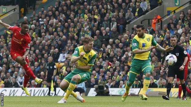 Raheem Sterling (left) scores Liverpool's opener at Norwich
