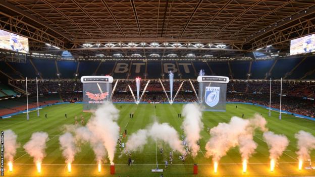 Fireworks ahead of Cardiff Blues v Scarlets - the first of two Welsh Pro12 rugby derbies at the Millennium Stadium