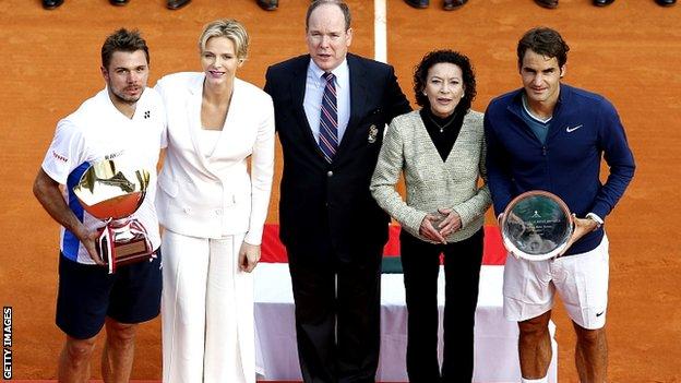 Stanislas Wawrinka, Princess Charlene of Monaco, Prince Albert II of Monaco, Elisabeth Anne De Massy and Roger Federer