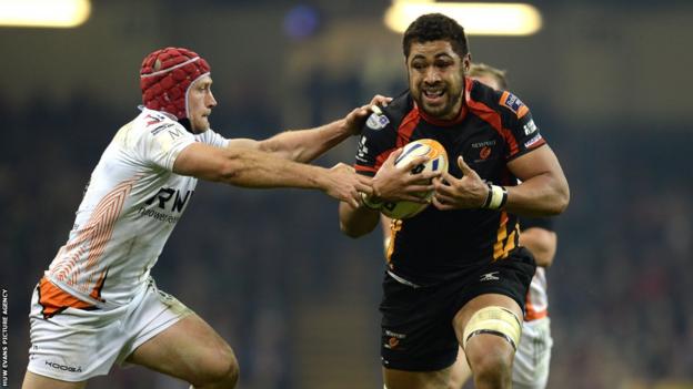 Taulupe Faletau on the attack for Newport Gwent Dragons against the Ospreys in Sunday's second Pro12 Welsh derby at the Millennium Stadium