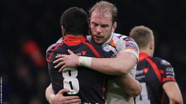 Wales team mates Taulupe Faletau and Alun Wyn Jones embrace at the end of the Ospreys' Pro12 derby victory against the Dragons at the Millennium Stadium