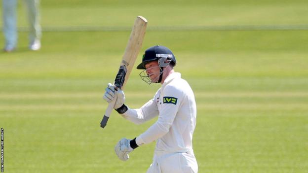 Graham Wagg celebrates after scoring 50 runs as Glamorgan fight back in their LV County Championship Division Two clash against Gloucestershire at the Swalec Stadium