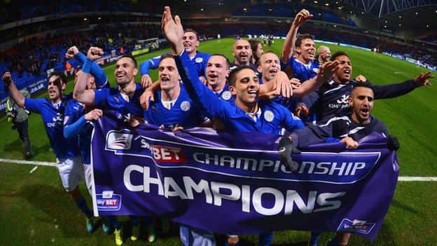 Leicester City players celebrate their Championship title success
