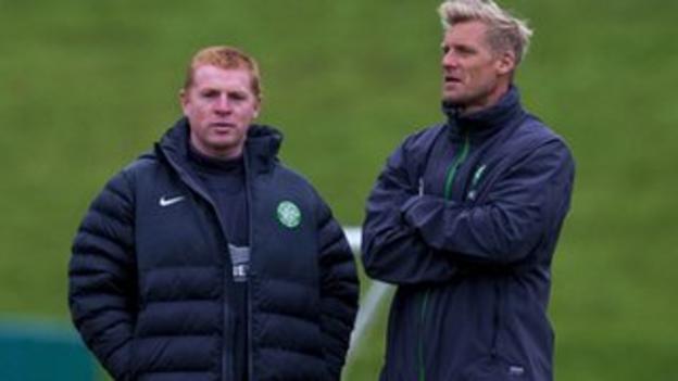 Celtic manager Neil Lennon and assistant Johan Mjallby