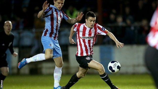 Michael Duffy scores for Derry City against UCD