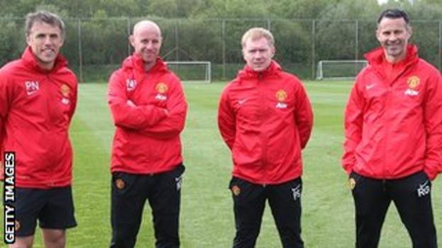 Manchester United's coaching team (from left) Phil Neville, Nicky Butt, Paul Scholes and interim manager Ryan Giggs