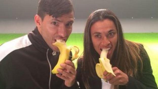 Man City's Sergio Aguero and Brazil's Marta, voted the women's top player in the world five times demonstrate their solidarity with Alves by eating a banana