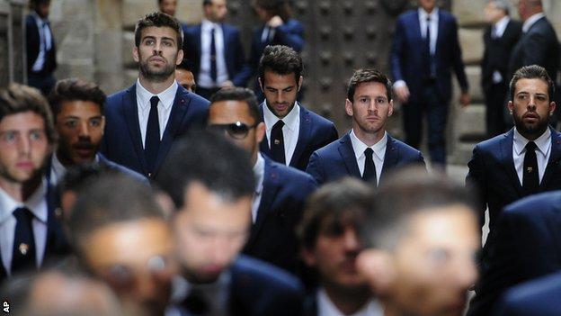 Gerard Pique, Cesc Fabregas, Lioel Messi and Jordi Alba