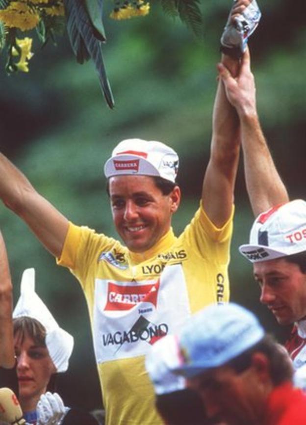Stephen Roche celebrates his Tour de France victory in 1987
