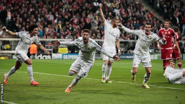 Sergio Ramos (centre) celebrates with Real team-mates