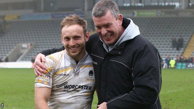 Worcester boss Dean Ryan congratulates Chris Pennell for the starring role he played in the Warriors' first win of the season at Newcastle on 30 March
