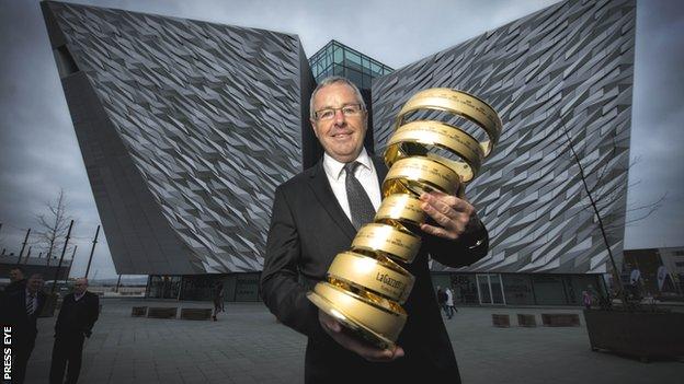 Former winner Stephen Roche with the Giro d'Italia at the Titanic Museum