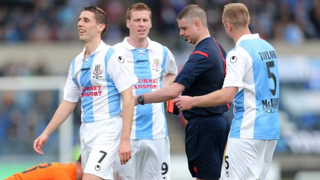 Ballymena's numerical advantage did not last long as they were also reduced to 10 men when Gary Thompson was ordered off for a high boot on Shane McCabe