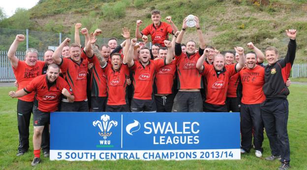 Treherbert rugby club are all smiles after clinching the Swalec League Division Five South Central championship against Ogmore Vale