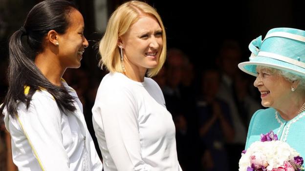The Queen meets British tennis players Anne Keothavong (L) and Elena Baltacha