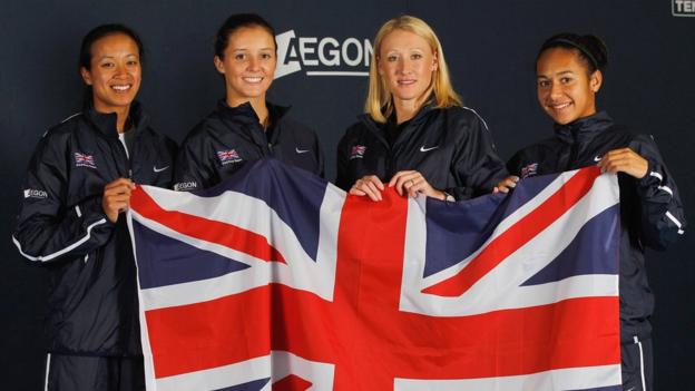 Anne Keothavong, Laura Robson, Elena Baltacha and Heather Watson of the Great Britain Fed Cup Team pose on January 25, 2012.