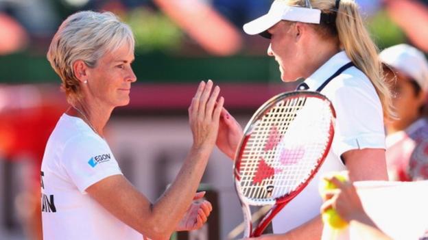 Britain's captain Judy Murray congratulates Elena Baltacha of Great Britain after she won the second set in her match against Maria Irigoyen of Argentina during day two of the Fed Cup World Group Two Play-Offs between Argentina and Great Britain at Parque Roca on April 21, 2013 in Buenos Aires, Argentina