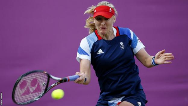 Elena Baltacha of Great Britain plays a forehand during the Women's Singles Tennis match against Ana Ivanovic of Serbia on Day 3 of the London 2012 Olympic Games at the All England Lawn Tennis and Croquet Club in Wimbledon