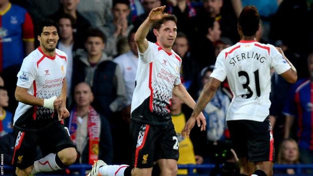 Wales midfielder Joe Allen celebrates after scoring for Liverpool in Monday’s Premier League game at Crystal Palace.