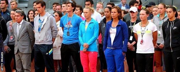 Manolo Santana, Andy Murray, Jamie Murray and Caroline Wozniacki of Denmark are among a group of current and former players who paid tribute to Baltacha in Madrid on Monday