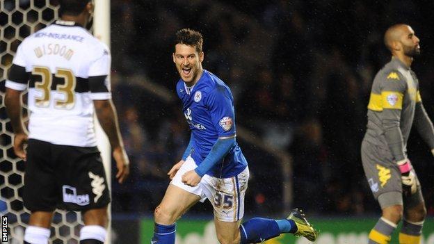 David Nugent celebrates scoring for Leicester against Derby County