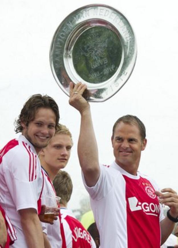 Ajax manager Frank de Boer celebrates with the Eredivisie trophy