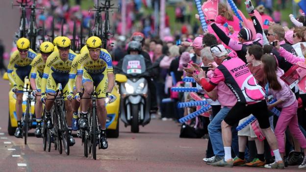 Team Tinkoff-Saxo competitors make their way through the Stormont Estate during Friday's team time trial