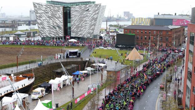 The riders left the Titanic Quarter in Belfast after the start of Saturday's stage in the Giro d'Italia