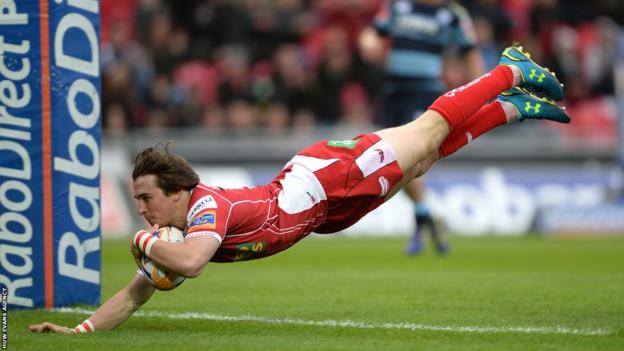 Rhodri Williams goes over for Scarlets in the Pro12 against Cardiff Blues in Llanelli