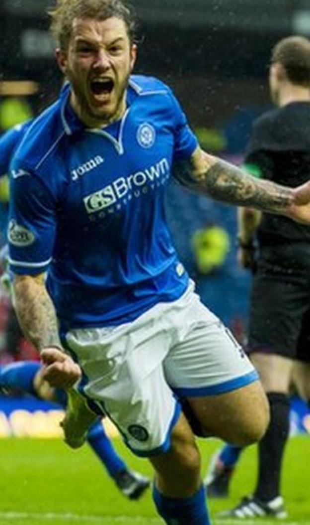 Striker Stevie May celebrates after scoring the equaliser against Aberdeen in the Scottish Cup semi-final