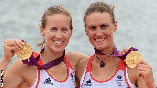 Britain's Helen Glover (left) and Heather Stanning (right) with their gold medals at the London Olympics 2012