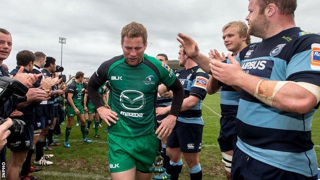 Gavin Duffy is applauded off the field after his last home appearance for Connacht earlier this month