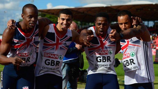 British sprinters from left to right: James Dasaolu, Adam Gemili, Harry Aikines-Aryeetey and James Ellington
