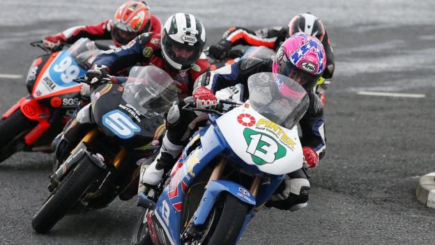 Lee Johnston leads the riders at York Corner and the Fermanagh man went on to secure his second Supertwins success at the meeting