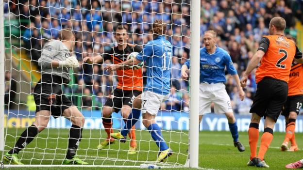 Stevie May puts the ball in the net for St Johnstone but the goal is disallowed for handball