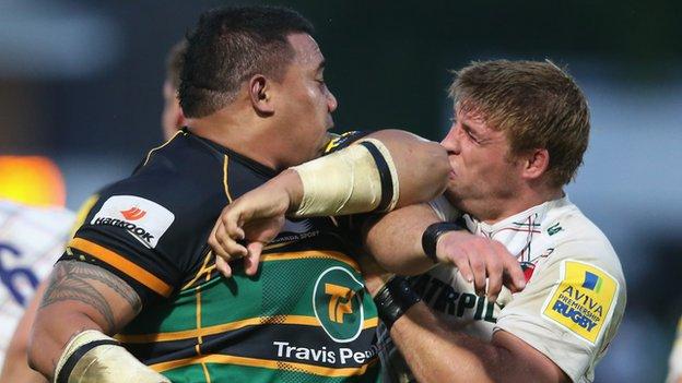 Salesi Ma'afu of Northampton Saints (left) and Leicester's Tom Youngs