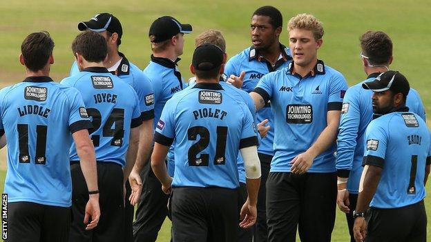Sussex's Rory Hamilton-Brown (third from right) celebrates a wicket against Middlesex at Lord's
