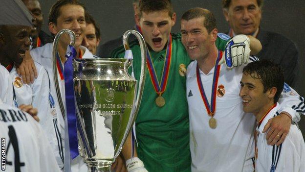 Real Madrid celebrate winning the Champions League in 2002