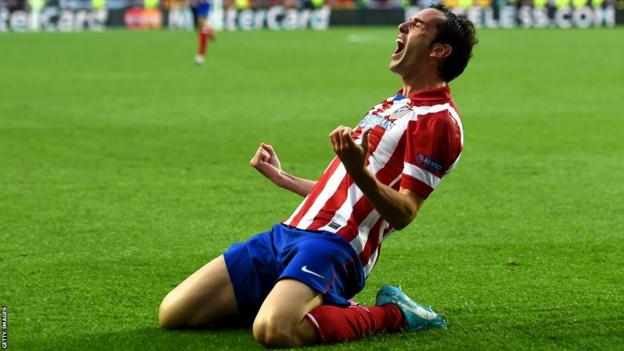 Diego Godin celebrates after scoring the first goal of the Champions League final 2014